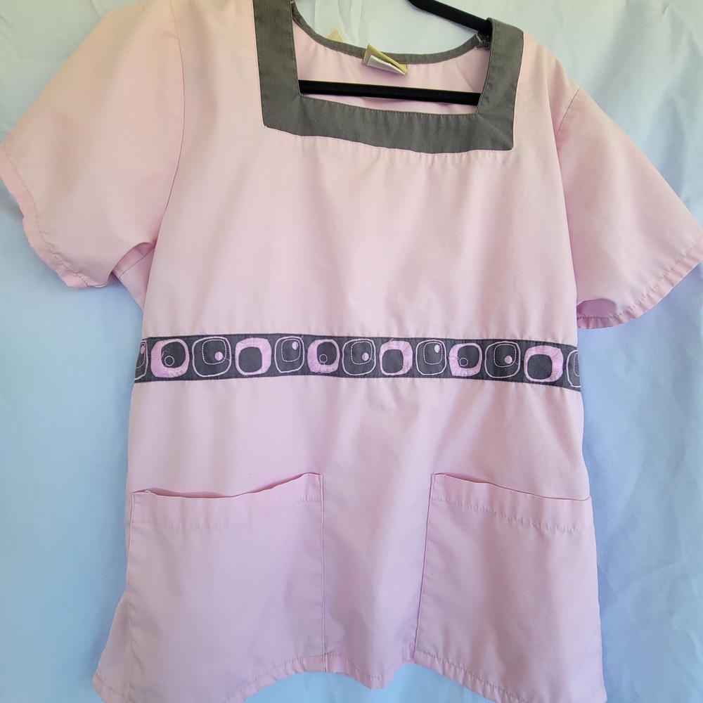Tafford Pink and Gray Medium Scrub Top with Tie Back.